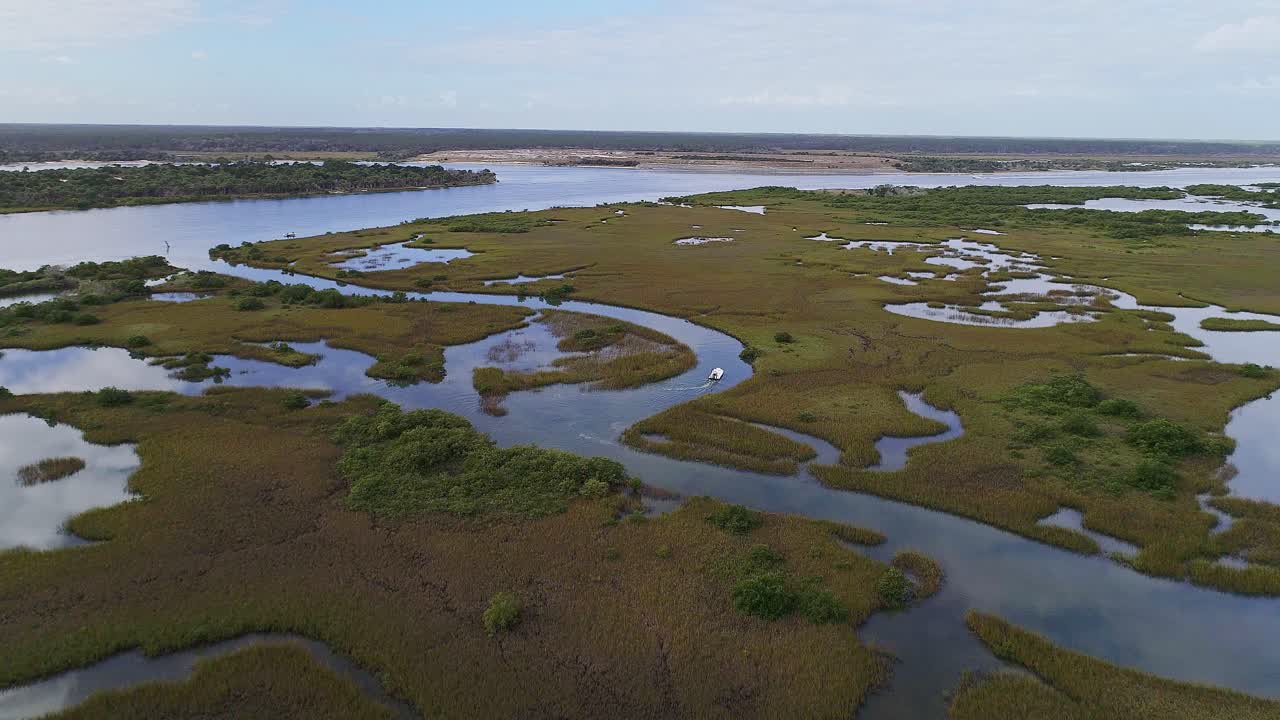 Barca da pesca che naviga attraverso una curva nella palude del fiume Matanzas, Stati Uniti