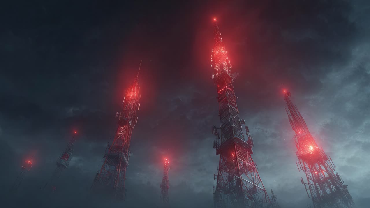 Ominous low angle view of multiple cellular communication towers with flashing red warning lights disappearing into a dark, foggy sky, creating a futuristic and dystopian science fiction atmosphere