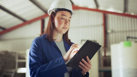 Woman,-tablet-and-technician-at-warehouse