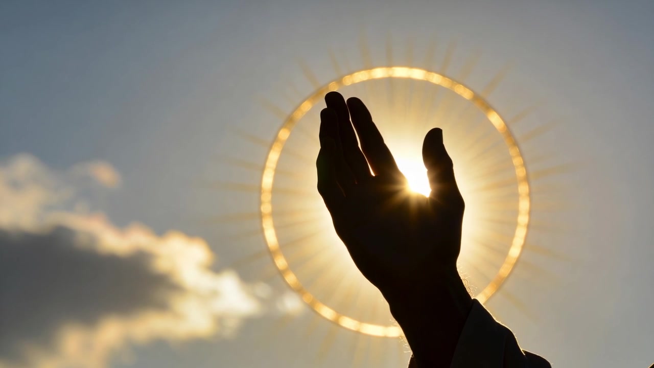 Silhouette di una persona che alza e aggiusta le mani mentre il sole fa capolino, allineando un'aureola con la manica visibile.
