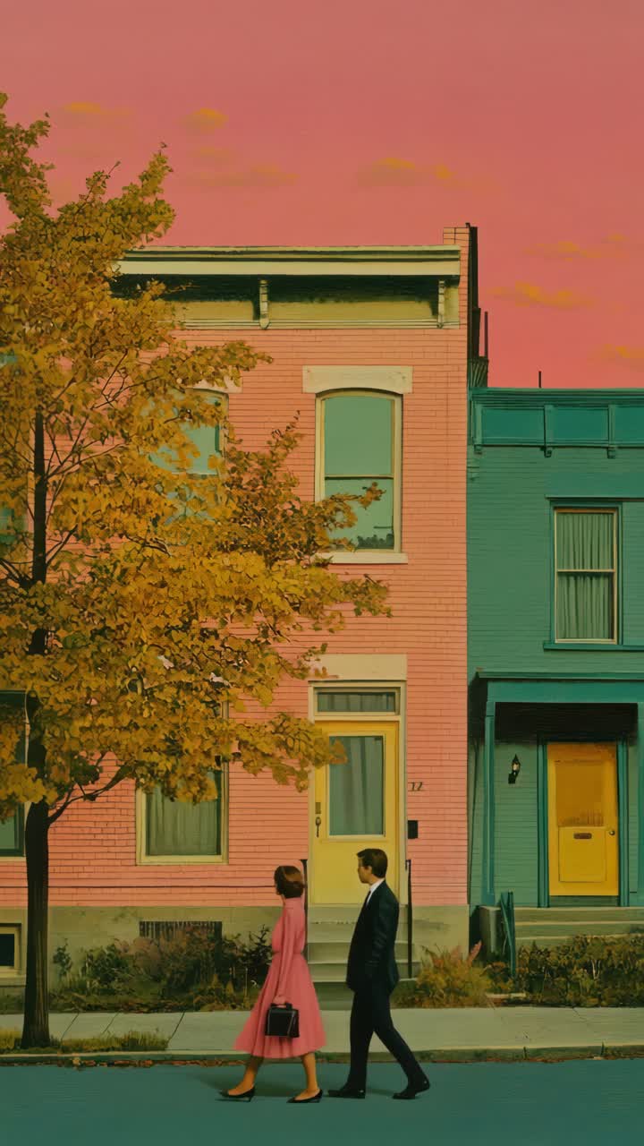 Retro-style video scene with a low-angle view of a couple walking past colorful houses under a pink