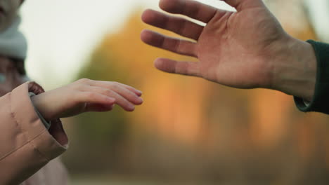 un primer plano de un momento tierno cuando la mano de un niño pequeño toca suavemente la mano de una persona adulta, con la cálida luz del sol y un fondo natural borroso que evoca sentimientos de cuidado, conexión y afecto