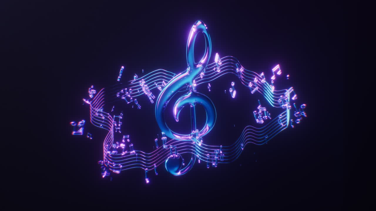 note musicali con effetto di luce al neon scuro, rendering 3d.