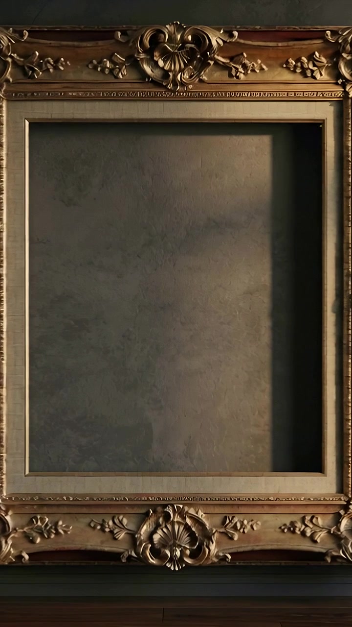 Vertical video: Moving camera showing gilded frame shifting in room, empty gray back and wood ledge