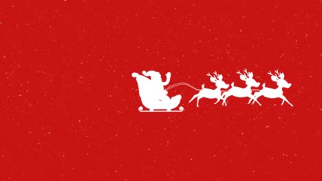 Snow-falling-over-santa-claus-in-sleigh-being-pulled-by-reindeers-against-red-background