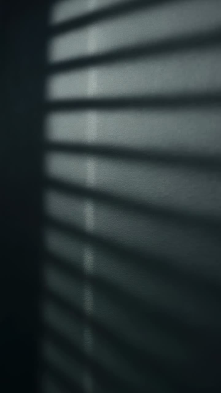 Vertical video: Sun through blinds casting slat shadows on textured wall at window revealing grain