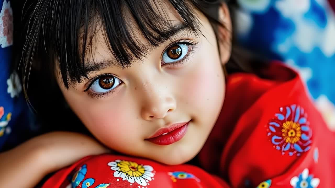 A little girl in a red kimono laying on a blue blanket