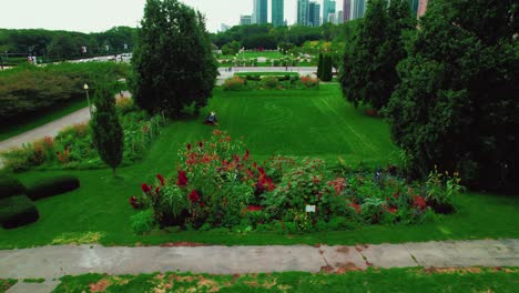 lawn-mowing-worker-aerial-in-Chicago-Grant-Park-downtown