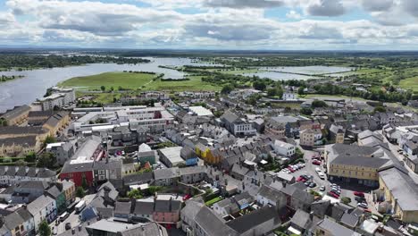 european city waterfront aerial flyover