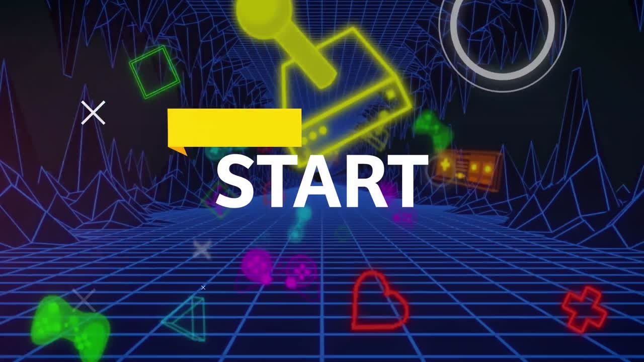 게임 아이콘과 디지털 터널 위의 시작 텍스트의 애니메이션