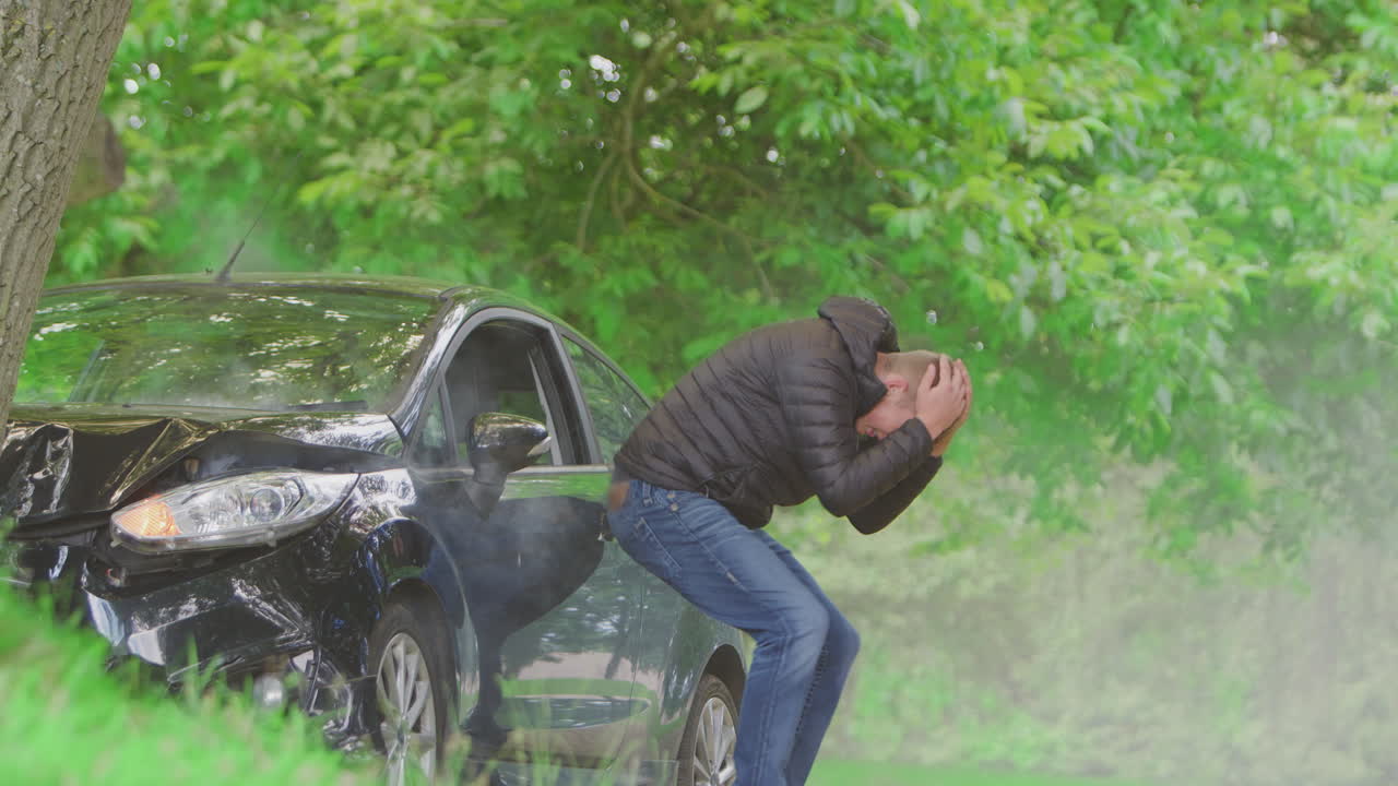 십대 운전자 가 담배 를 피우는 차 에서 나와 응급 서비스 에 전화 하기 전 에 사고 피해 를 확인 한다
