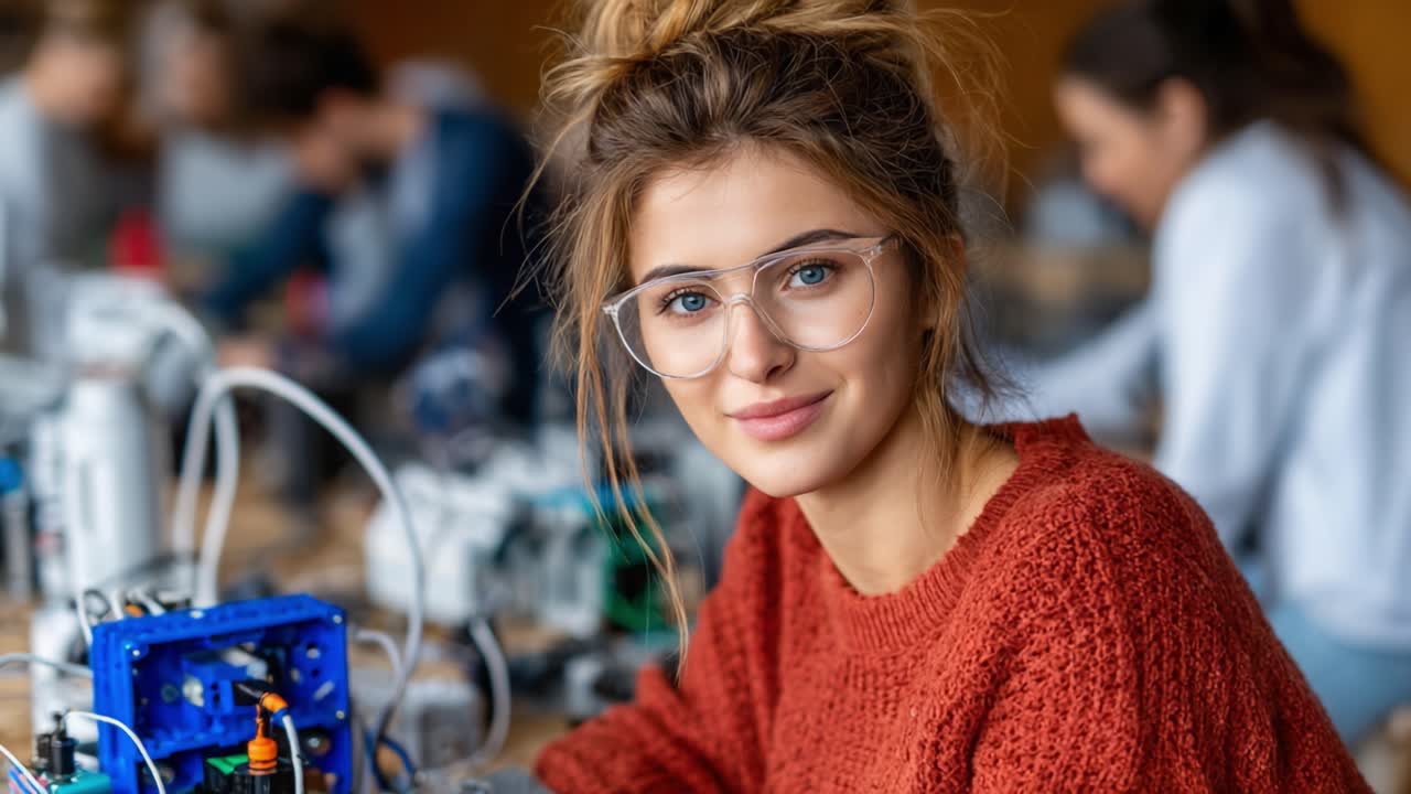 A Focused Young Woman Engaged in a Creative Engineering Project, Deep in Thought Amidst a Classroom of Innovators and Technologists Working on Complex Machines