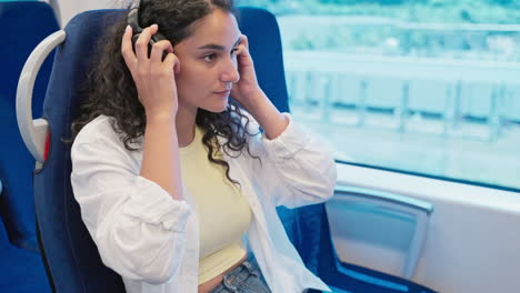 mujer escuchando música en un tren