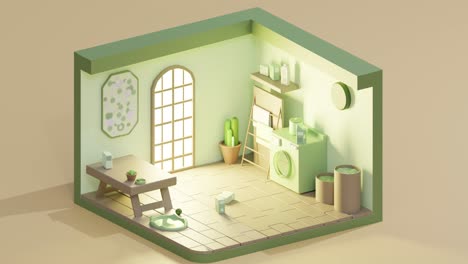 3d loop low poly of laundry room painted green, isometric view