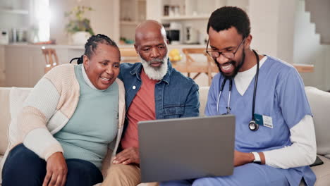 Video-call,-laptop-and-doctor-with-senior-couple