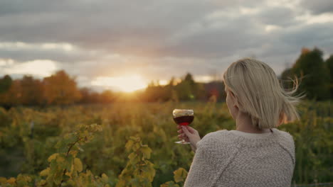 una mujer sostiene un vaso de vino tinto en su mano, de pie contra el fondo de un viñedo donde el sol se pone épicamente