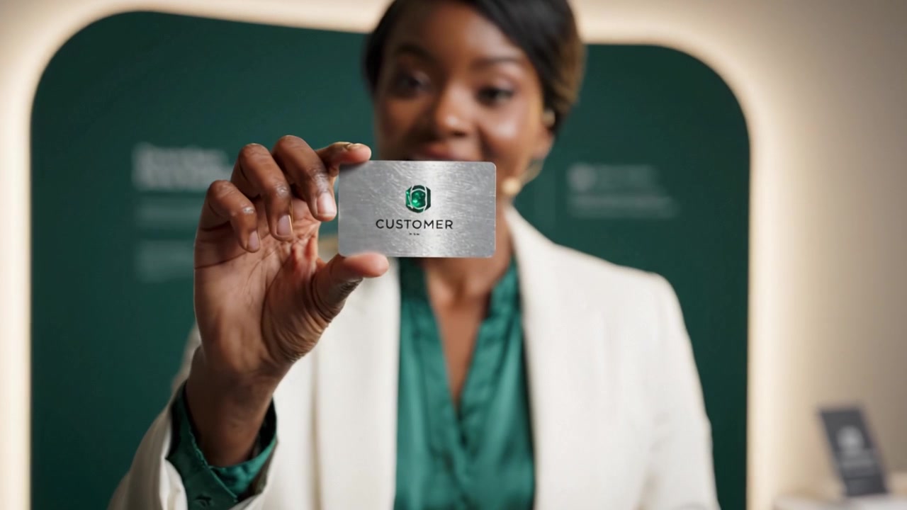 Professional Presenter Demonstrates Innovative Technology with Card in Engaging Setting, Capturing the Audience's Attention and Showcasing Features Effectively