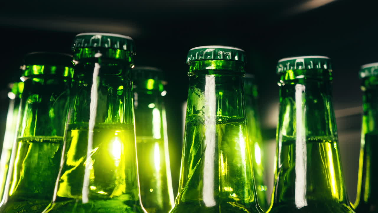 Row of beer bottles in fridge, shop or hotel, cold lager craft german beer or cider, shop supermarket or wine cooler close up.