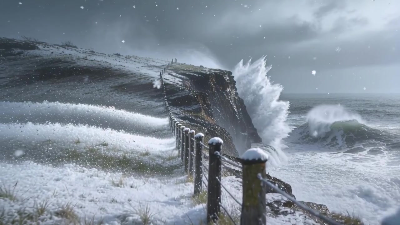 Onde impetuose spinte dal vento che scagliano alti spruzzi contro una scogliera rocciosa su un sentiero innevato, con paletti di corda