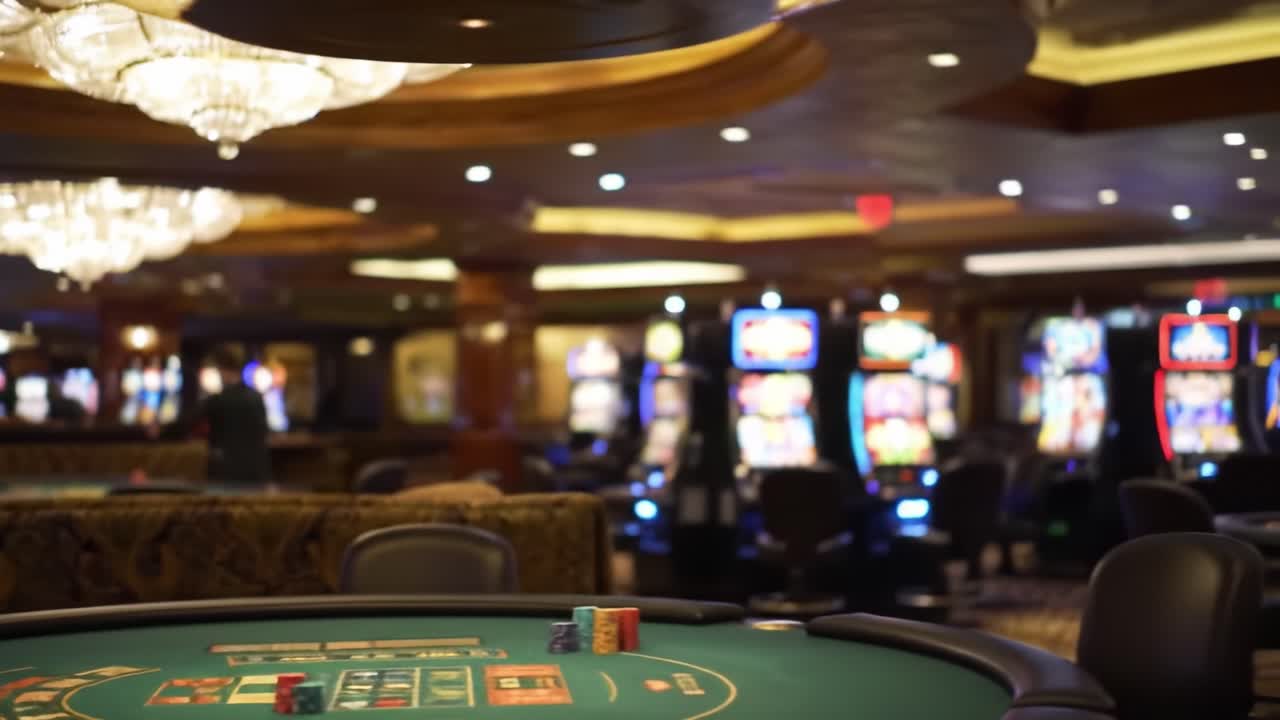 A Relaxing Evening in a Vibrant Casino: Expansive Views of Slot Machines and Gaming Tables Captured in a Luxurious Environment