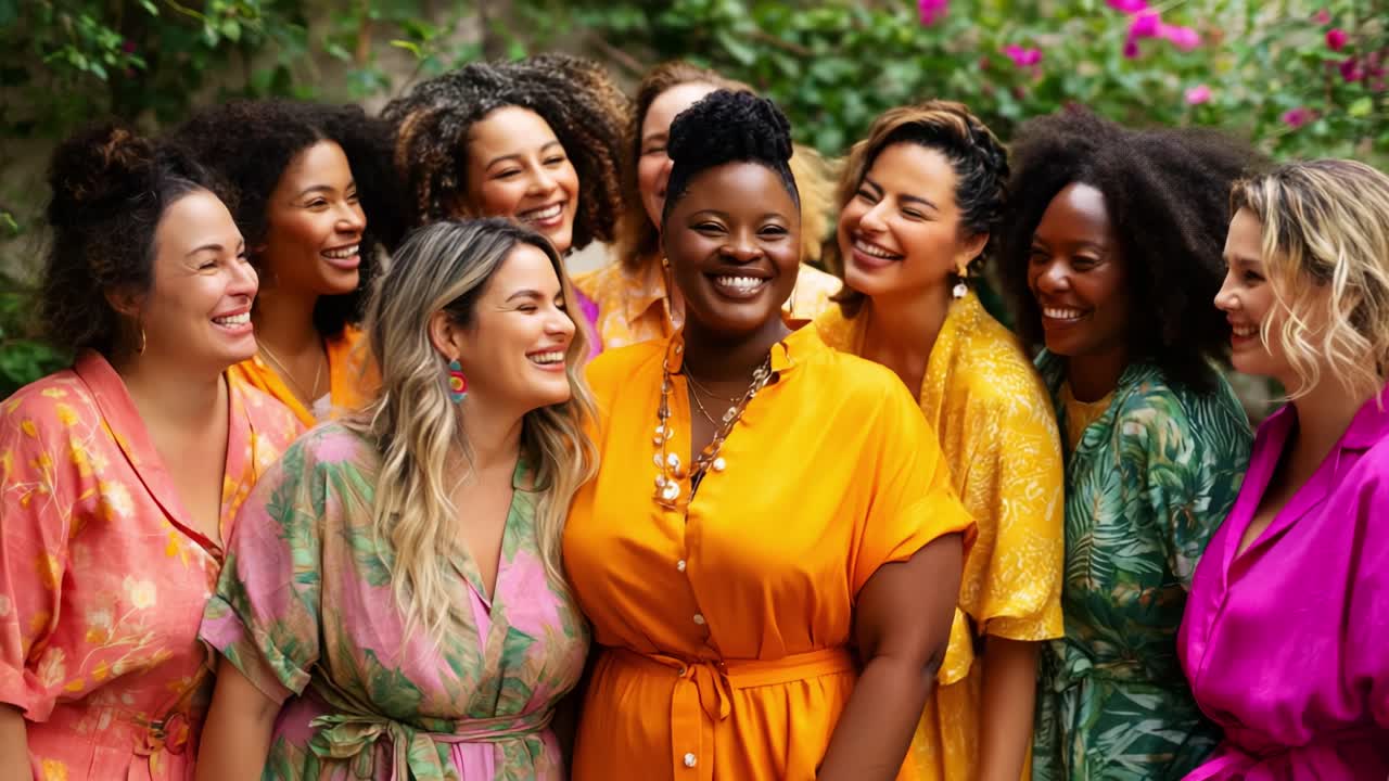A Vibrant Gathering of Joyful Women Dressed in Colorful Attire, Celebrating Friendship and Empowerment Amidst a Beautiful Floral Background, Radiating Positivity and Happiness