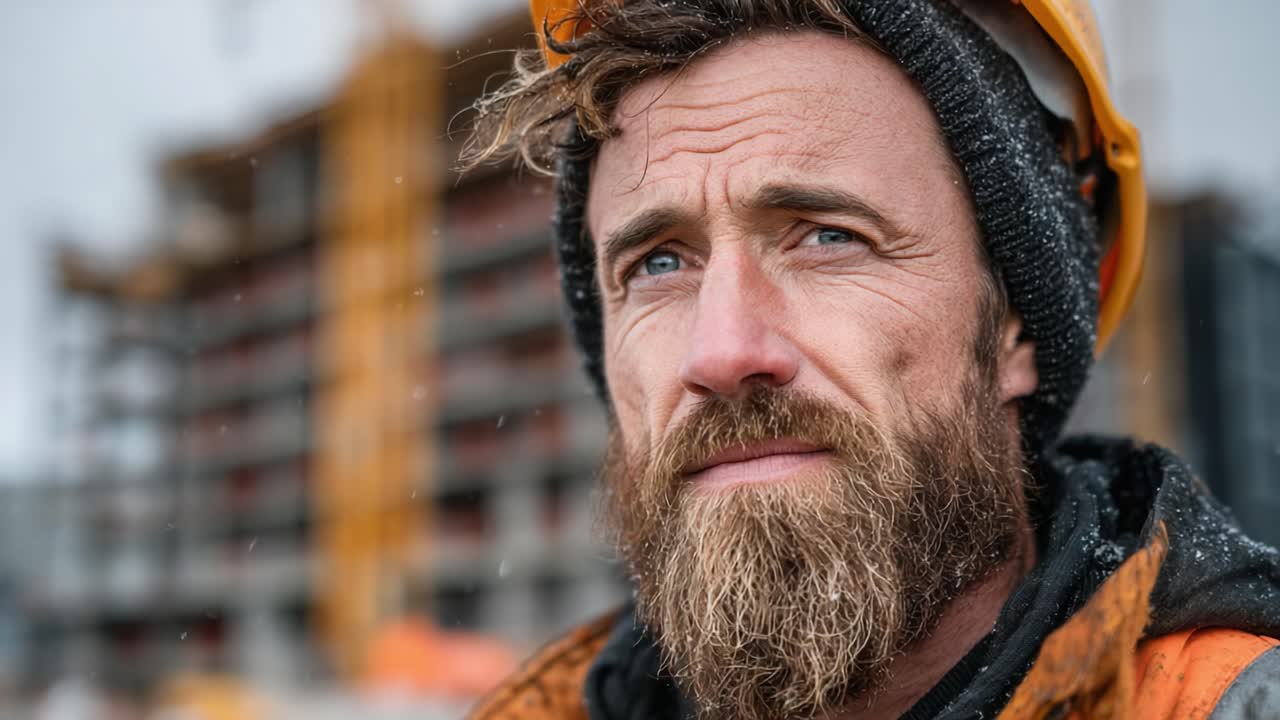 Dedicated Construction Worker Focuses on Important Tasks While Overseeing Project Developments in Challenging Weather Conditions at the Job Site