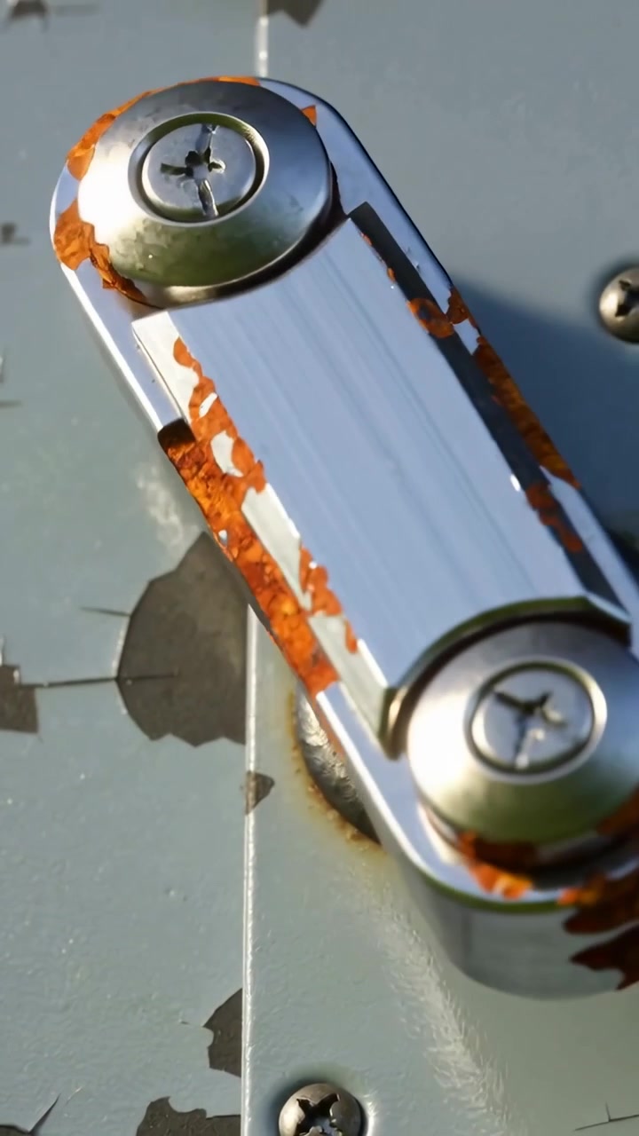Vídeo vertical: Câmera fazendo um panorama, inspecionando uma tranca de metal com tampas de parafuso em um painel exterior pintado.