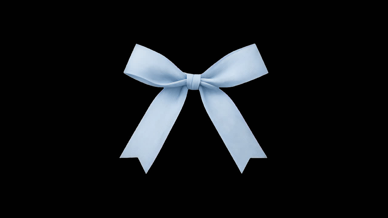 Elegant blue ribbon bow decoration animated overlay, transparent 4K video, alpha channel, ProRes