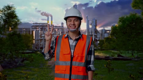 smiling engineer showing peace sign in front of factory