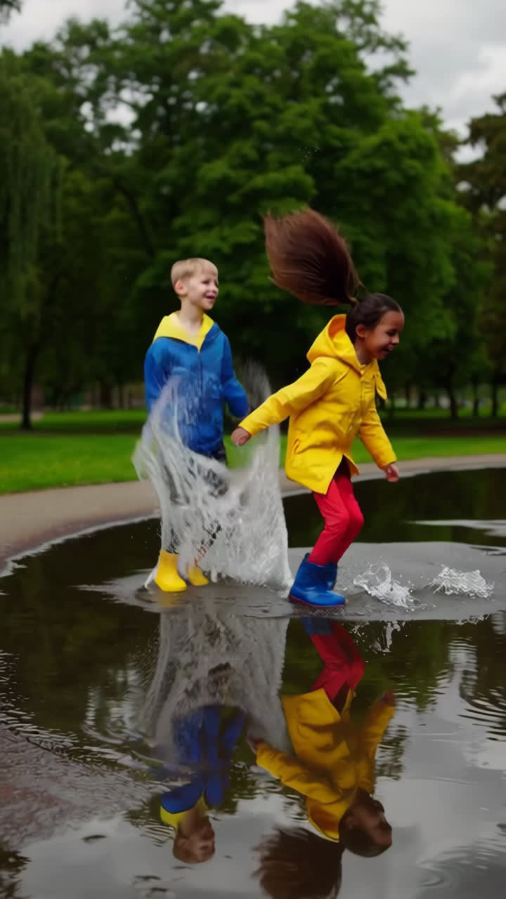 Bambini che giocano e sguazzano nelle pozzanghere