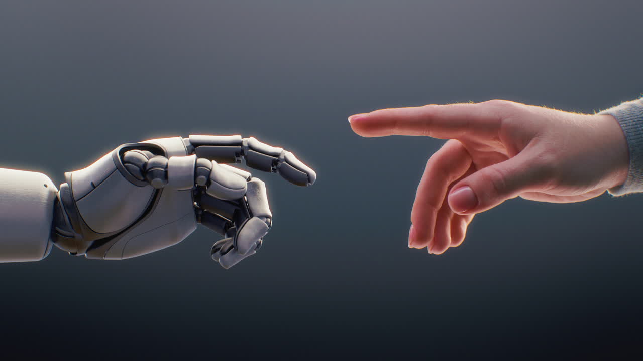 visualization of Humanoid Robot Arm and Human Touching Fingertips Humanmachine Teamwork Futuristic Concept of Humanity and Artificial Intelligence Collaboration Visualization of Humanoid Robot Arm and Human Touching Fingertips Symbol of Technology and Innovation Humanmachine Teamwork