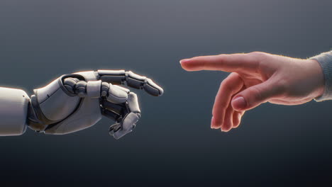 visualization of humanoid robot arm and human touching fingertips humanmachine teamwork futuristic concept of humanity and artificial intelligence collaboration visualization of humanoid robot arm and human touching fingertips symbol of technology and innovation humanmachine teamwork