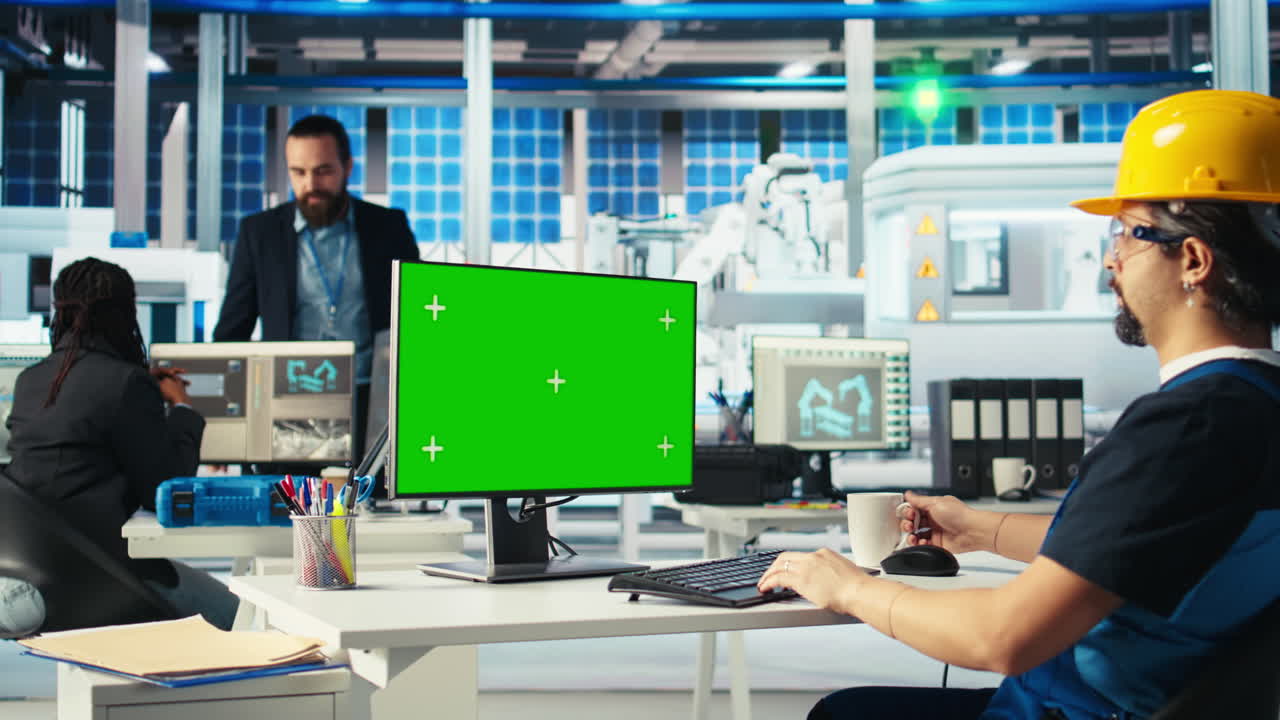 태양 전지 패널 공장의 엔지니어는 레이아웃을 최적화하기 위해 모 pc에서 cad 소프트웨어를 사용합니다.