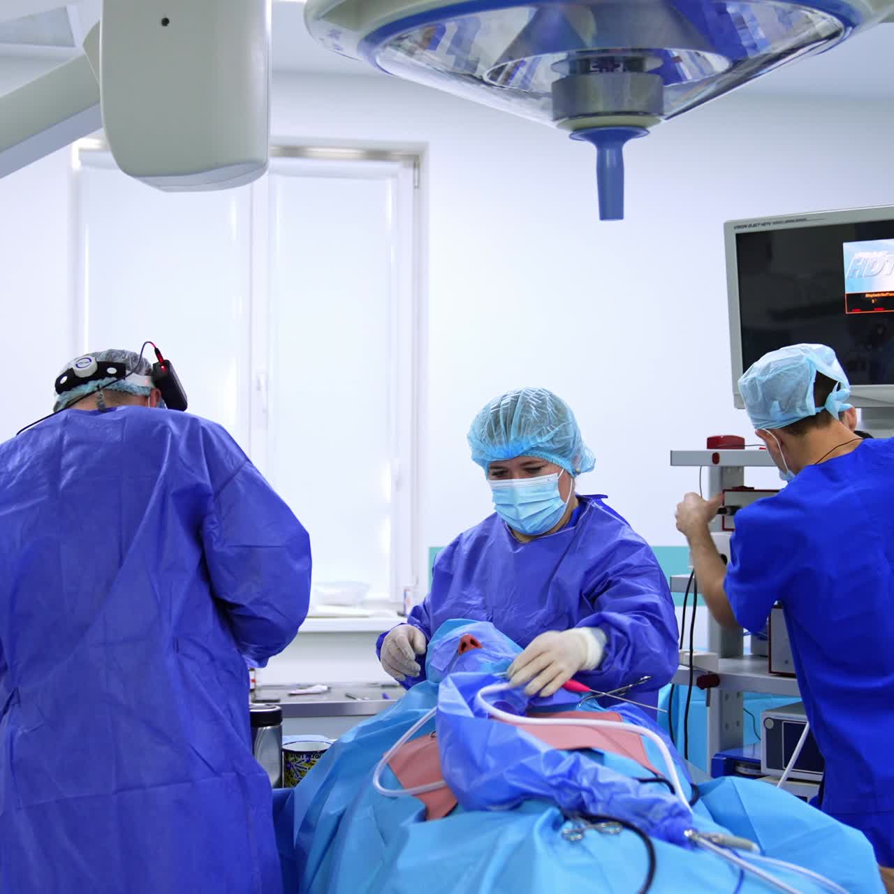 Surgeon standing his back to camera picking instrument for operation. Getting ready for rhinoplasty in hospital