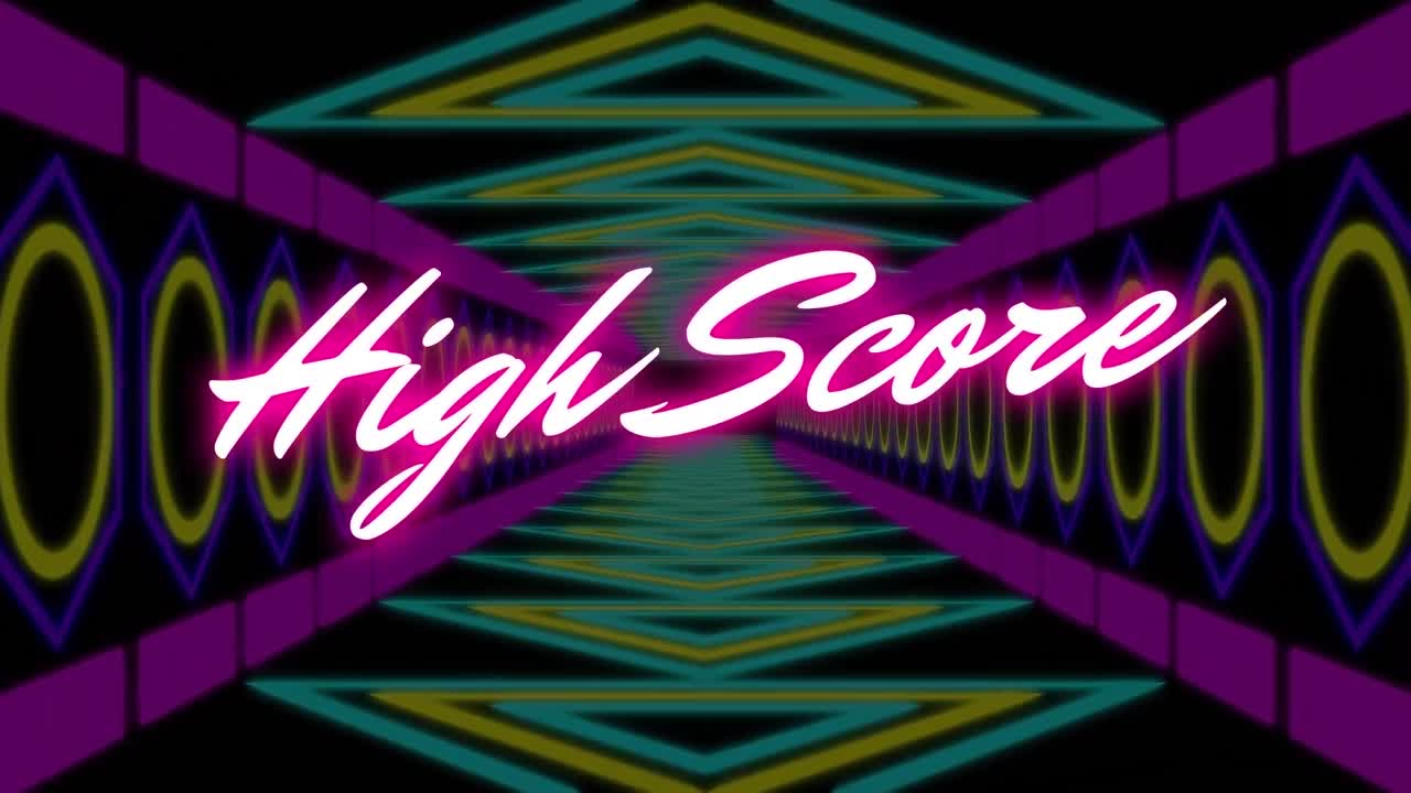 Animazione del testo 'High Score' su forme in movimento su sfondo nero