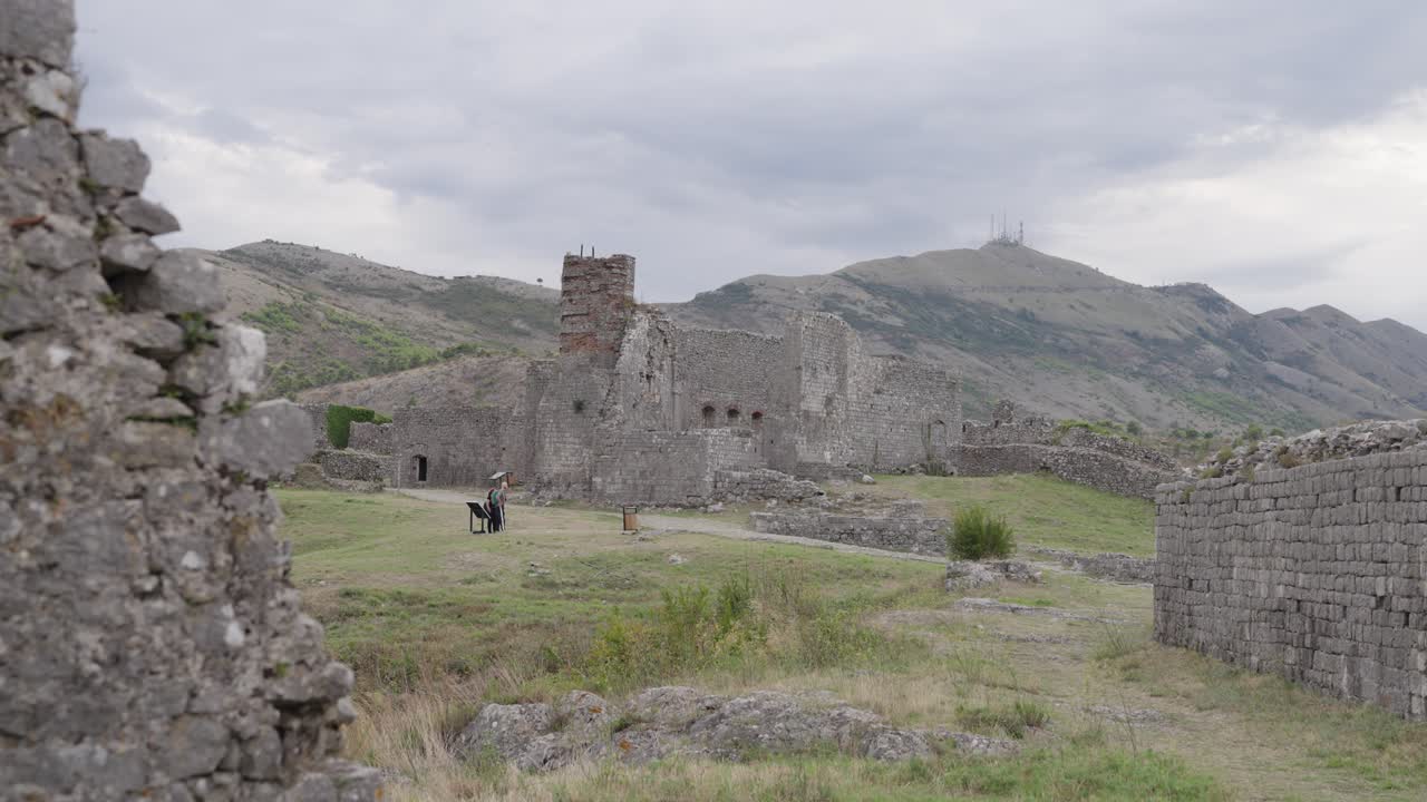 Remains of Rozafa Castle by Shkoder in Montenegro, wide static view