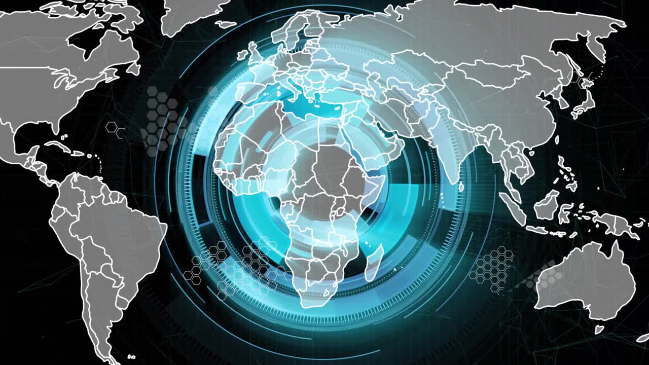 Radar overlay appearing over world map pulsing rings turning arcs scanning regions visualizing data