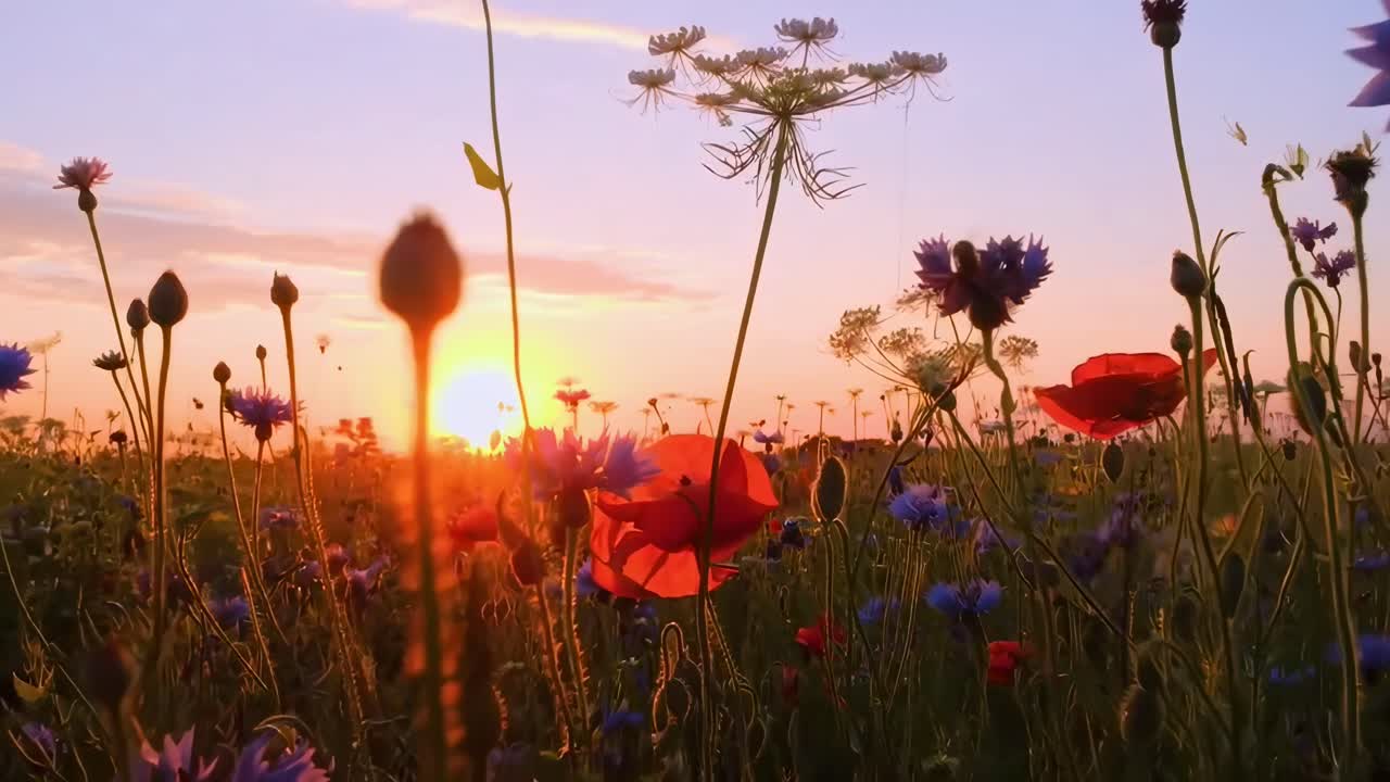 Low-angle video of a vibrant wildflower field at sunset, capturing warm, serene hues