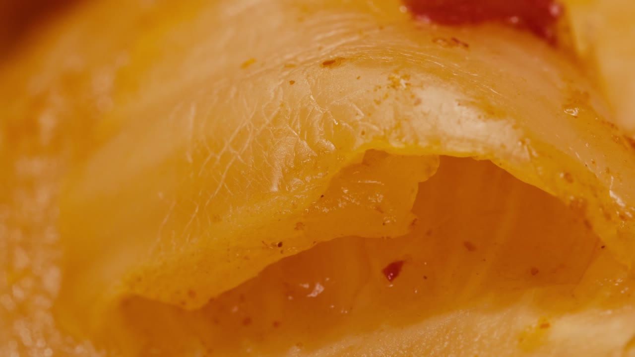 Close-up of texture fermented spicy cabbage kimchi with in can. Preservation of vegetables in glass jars. Fermentation preserved kimchi cabbage with spices macro. Asian cuisine.