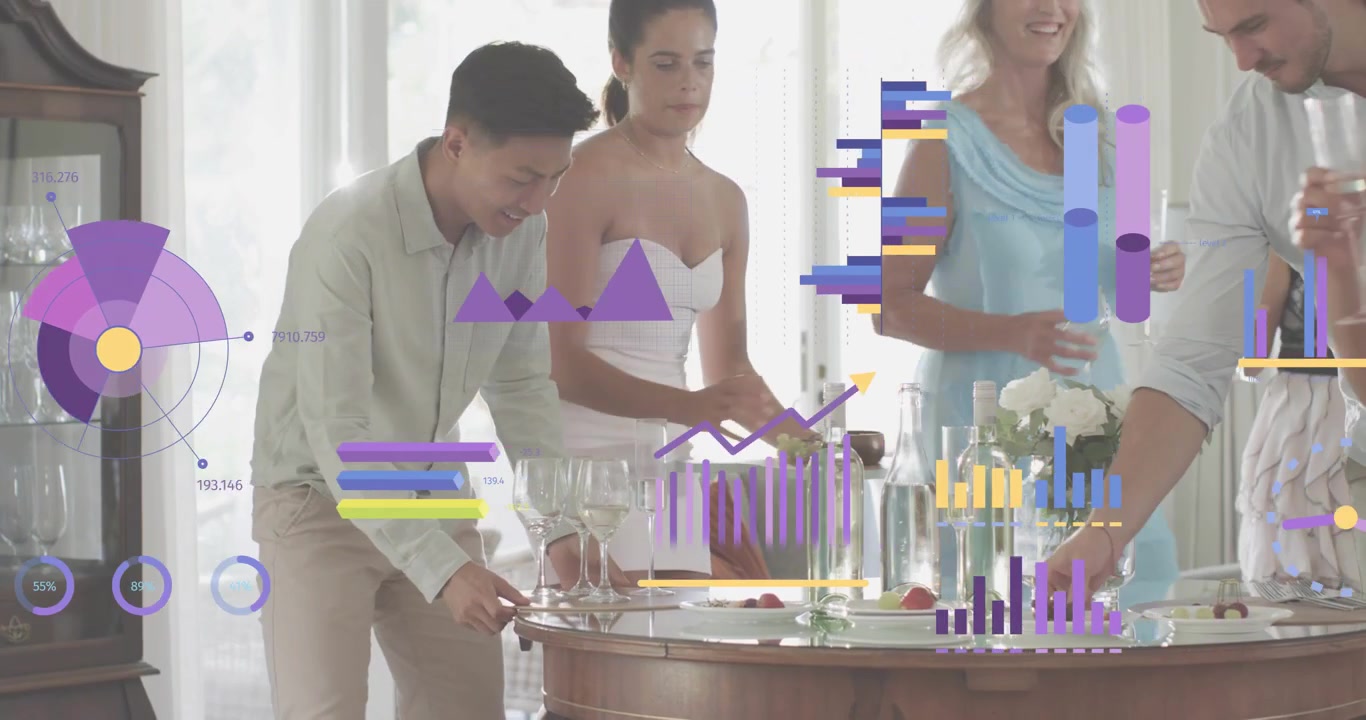 Após o anfitrião arrumar os copos, amigos pegam taças de vinho e aperitivos para um evento de confraternização