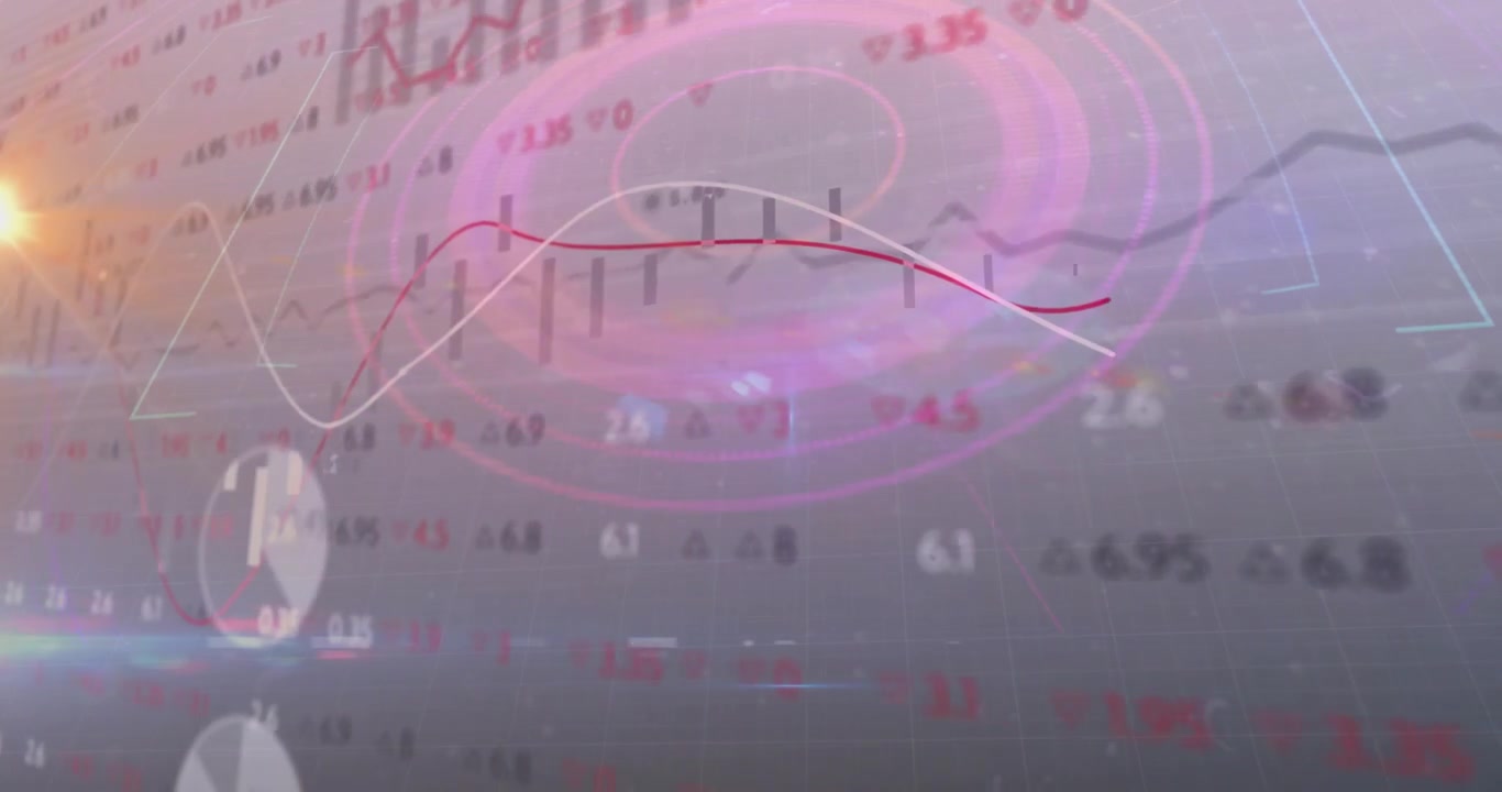 Flickering data grid driving chart widgets sliding and pulsing across panel to show market metrics
