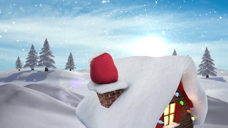 santa presents in chimney in winter snow landscape