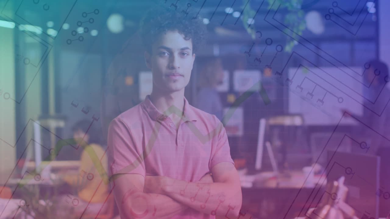 Animation of financial data processing over biracial businessman