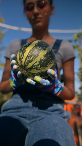 woman holding a harvested pumpkin