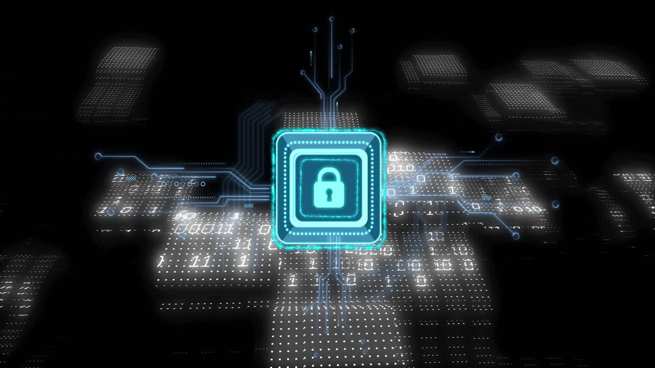 Animation of padlock over data processing and binary coding on black background