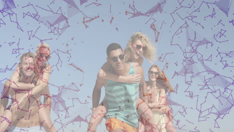 three couples giving piggyback rides on beach shoreline, showing technology network lines overlay