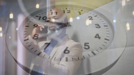 talking on phone, businessman standing on large clock face, time management concept