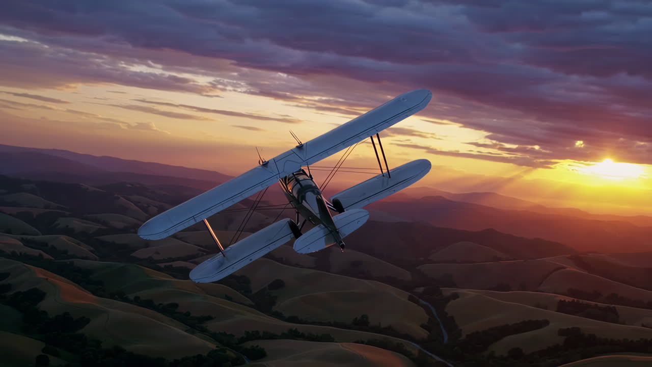 Vintage Biplane Soaring Above a Stunning Sunset Landscape