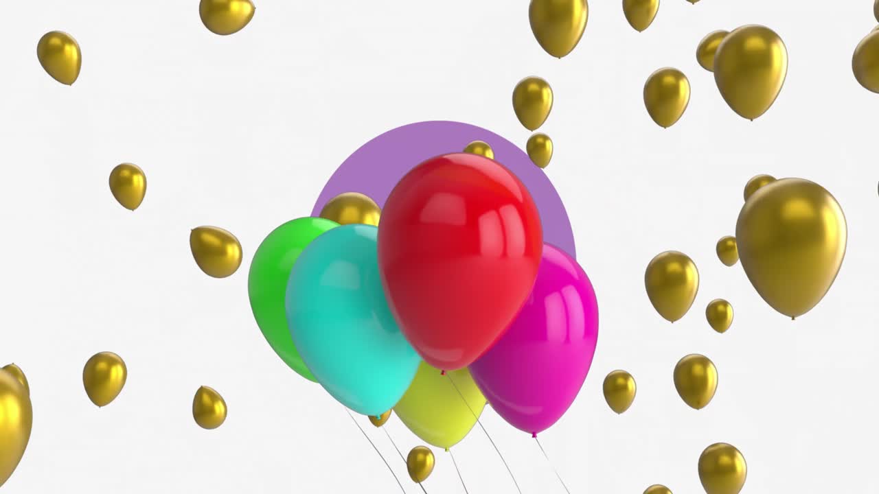 animación de globos multicolores sobre globos dorados en movimiento y círculo púrpura sobre fondo blanco.