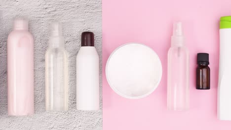 bottles with skin care cosmetics products ordered on the table . stop motion